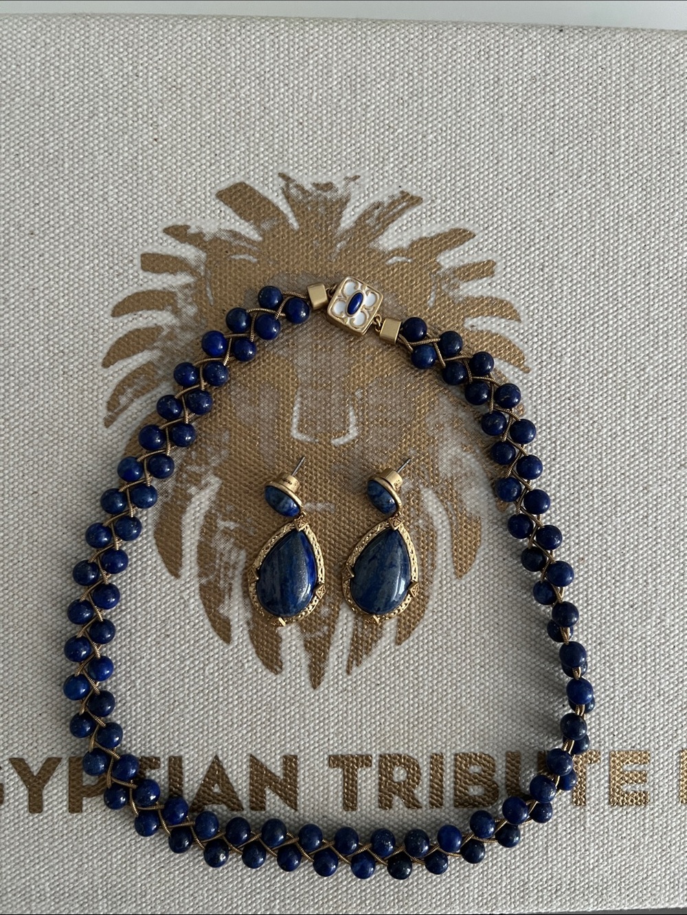 Gold-Edged Lapis Bead Necklace with Teardrop Lapis Earrings - Blue